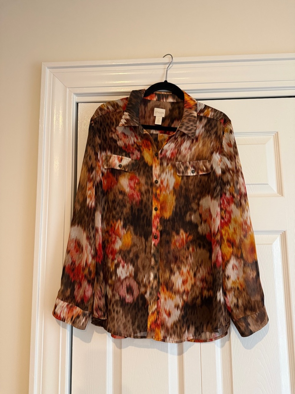 Chico's Multicolor Floral-Print Button-Down Shirt - Brown, Rust, Cream -